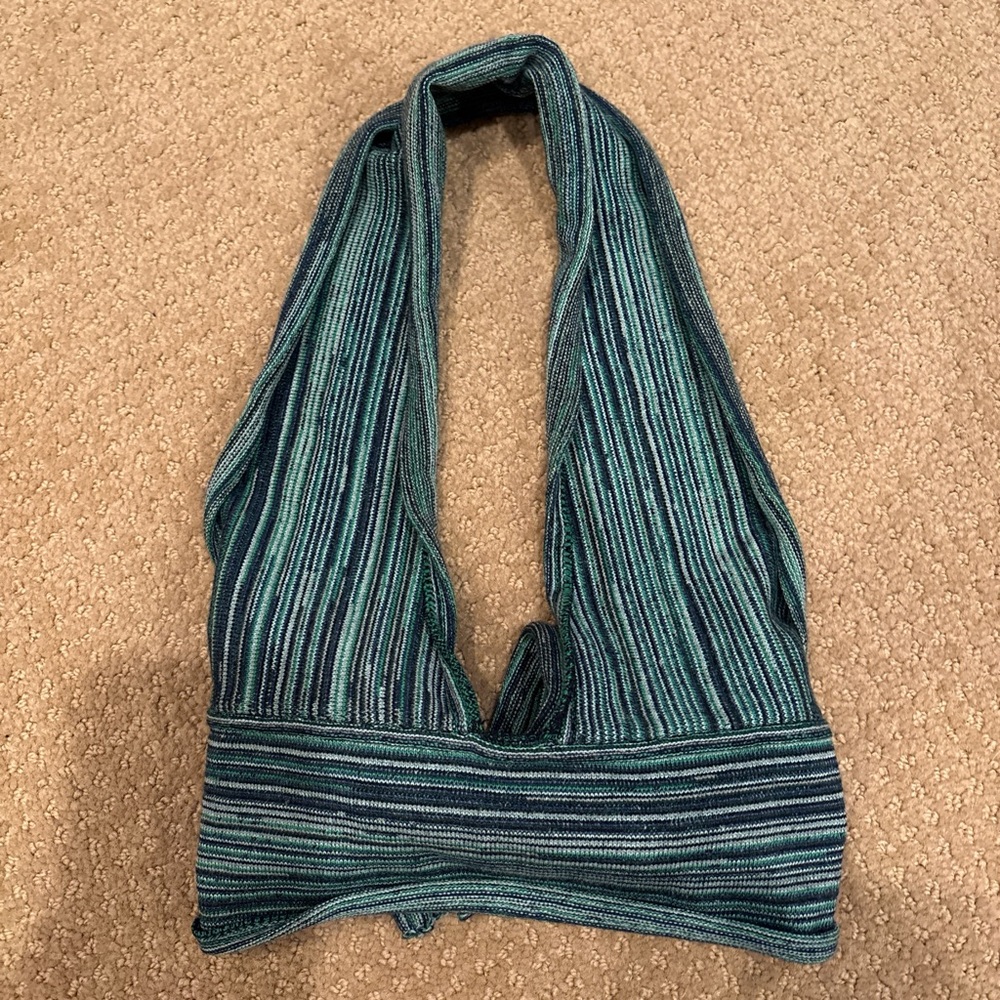 Subdued Blue and Green Striped Halter Top with Tie in the Back